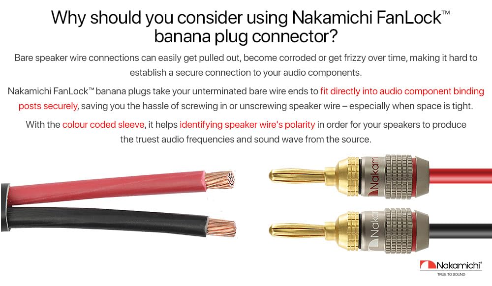 Nakamichi FanLock Excel Series 24k Gold Plated Banana Plugs 10 AWG - 18 AWG Gauge Size 4mm for Speakers Amplifier Hi-Fi Stereo Home Theatre Radio