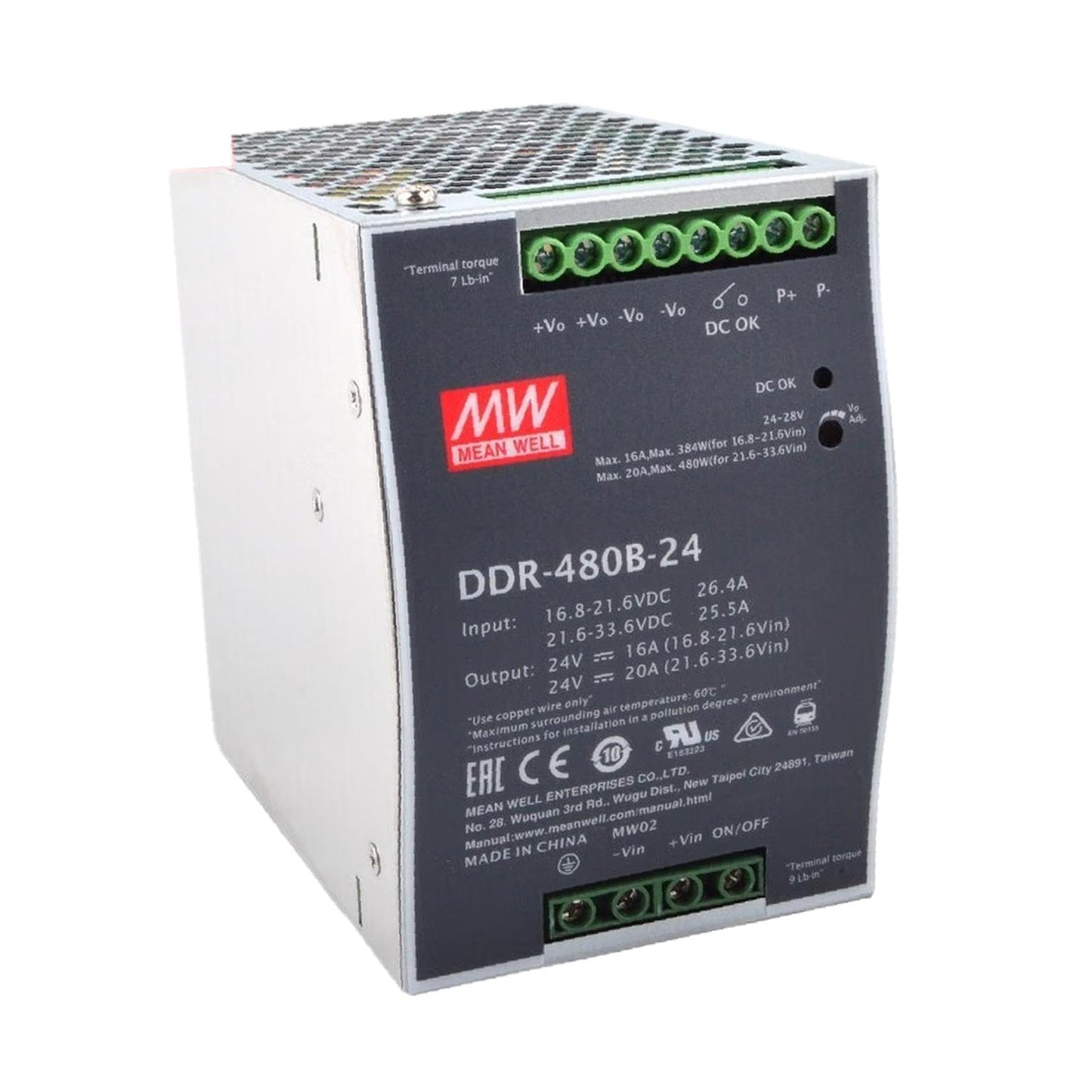 Mean Well USA DDR-480B-24 DC-DC Converter, DIN Rail, 480W, 24V, 20A, 16.8-33.6V In
