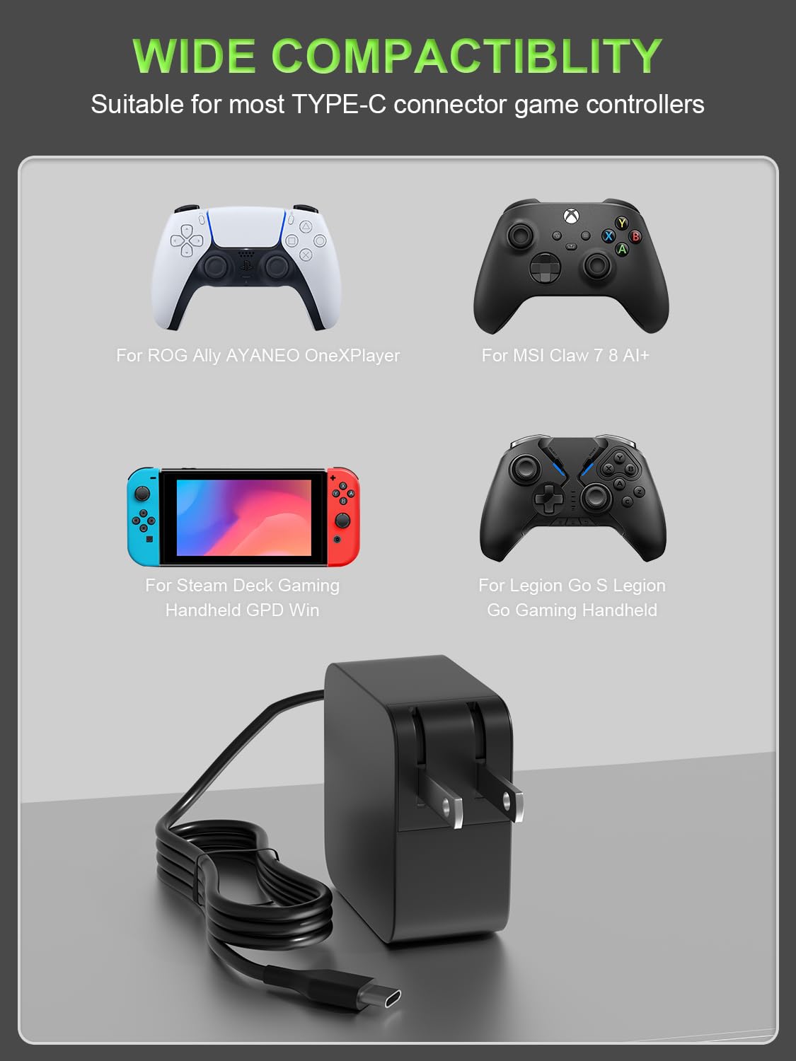 PowerPortnerLink 65W USB C Charger Compatible with ASUS ROG Xbox Ally X R1 Z1, Steam Deck, Legion Go S, Switch/Lite/OLED/Switch2/ MSI Claw/Logitech G…
