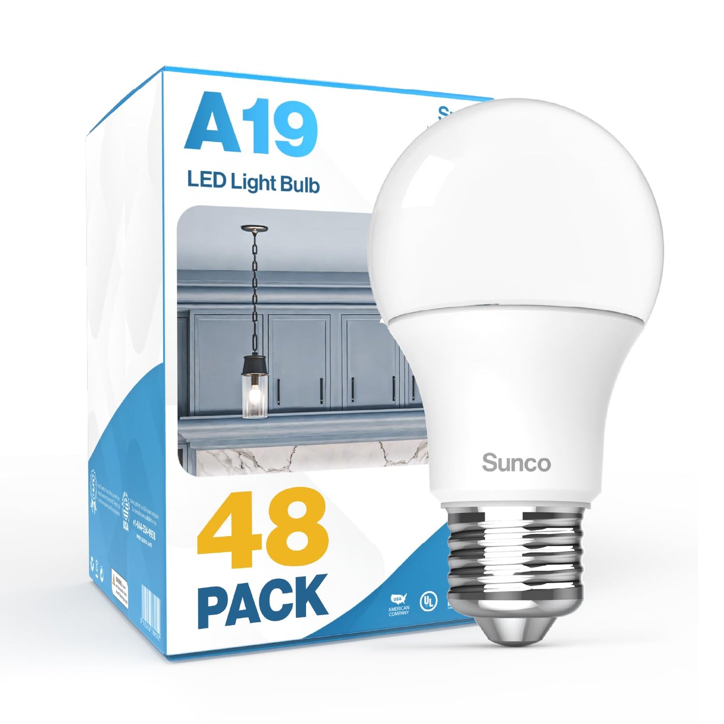 Sunco 48 Pack A19 LED Light Bulb, E26, 8W=60W, 3000K Warm White