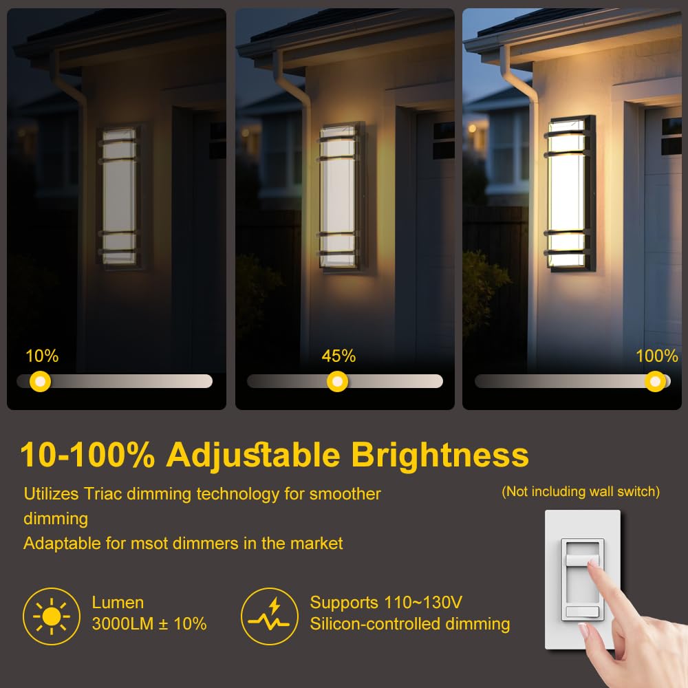 Cylutaes 2Pack Outdoor Wall Lights 16 Inch,Dimmable Exterior Wall Sconce,3000K-6000K Adjustable Color Temperature,IP65 Waterproof Black Porch Light