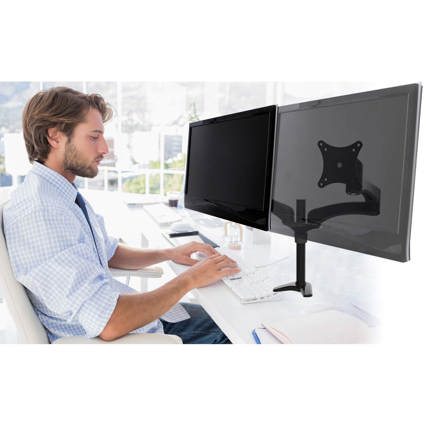 2xhome - New Extra Long Dual Extension Arms 3 Way Three-secetioned Ergonomic Fully Eight Adjustable Desk Pole Mount Bracket Desktop Flat Panel Clamp