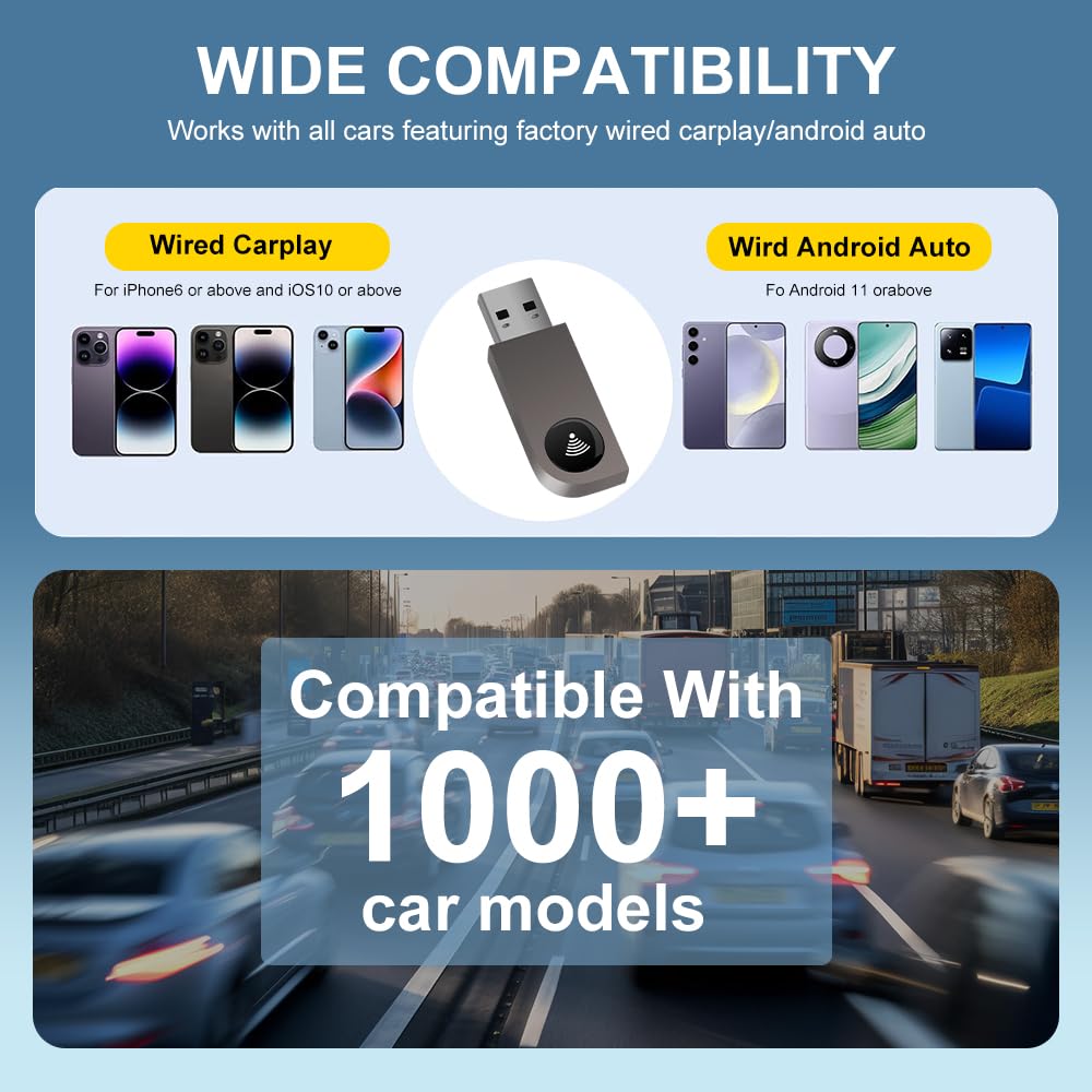 Pyniro 2 in 1 Wireless CarPlay Adapter, Android Auto Plug&Play CarPlay Dongle Converts Wired to Wireless with USB&USB-C/Type-C, Fast Auto-Connect