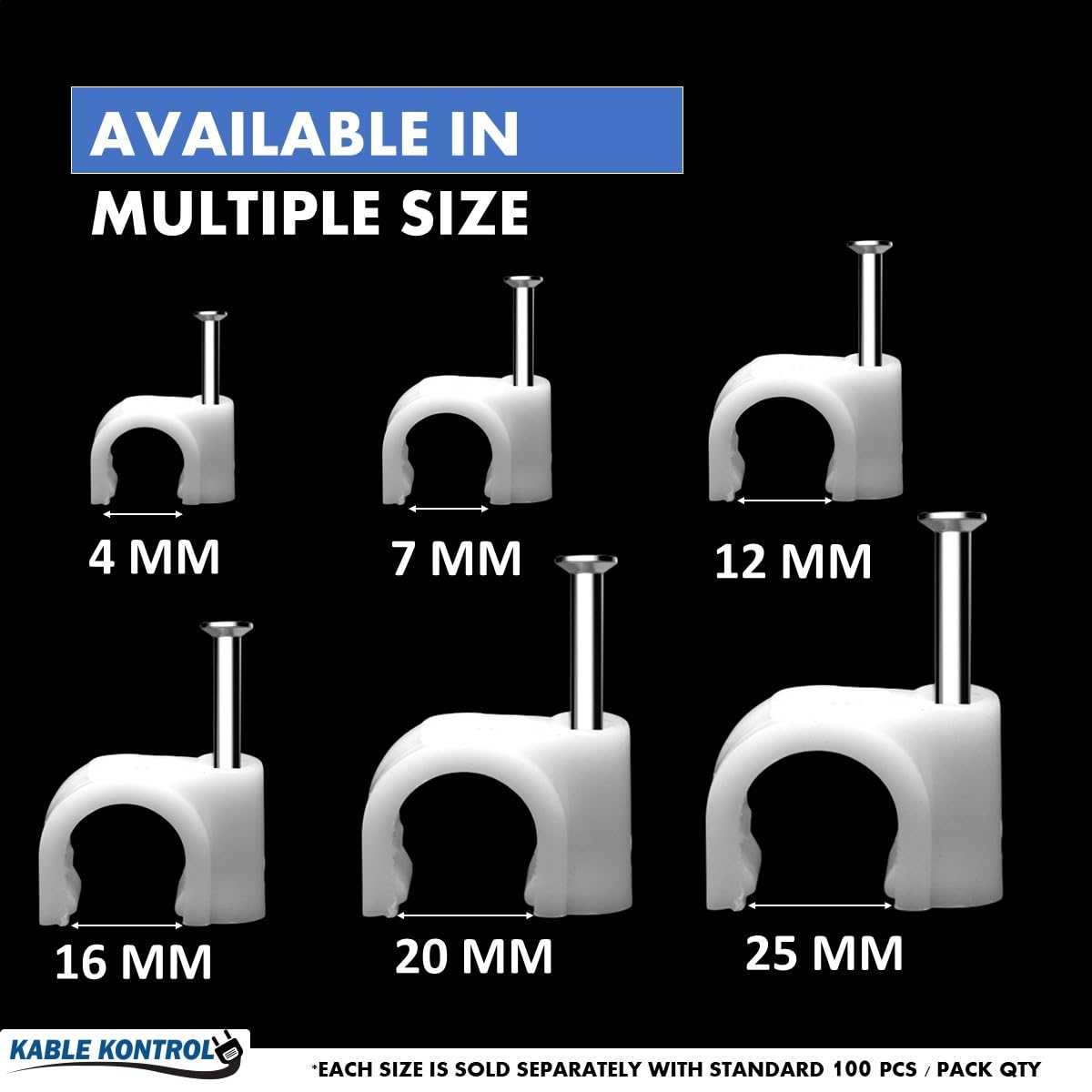 Kable Kontrol Cable Clips with Steel Nails - 7mm - 100 Pcs/Pack - White - UV Stabilized Circle Wire Clips Cable Holder for Cable Management, Wall