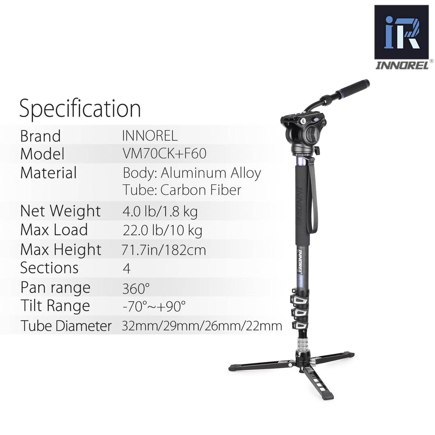 Carbon Fiber Video Monopod Kit-VM70CK Professional Hydraulic Fluid Head Monopod Removeable Multifunctional Travel Tripod Stand for Gopro DSLR Camera