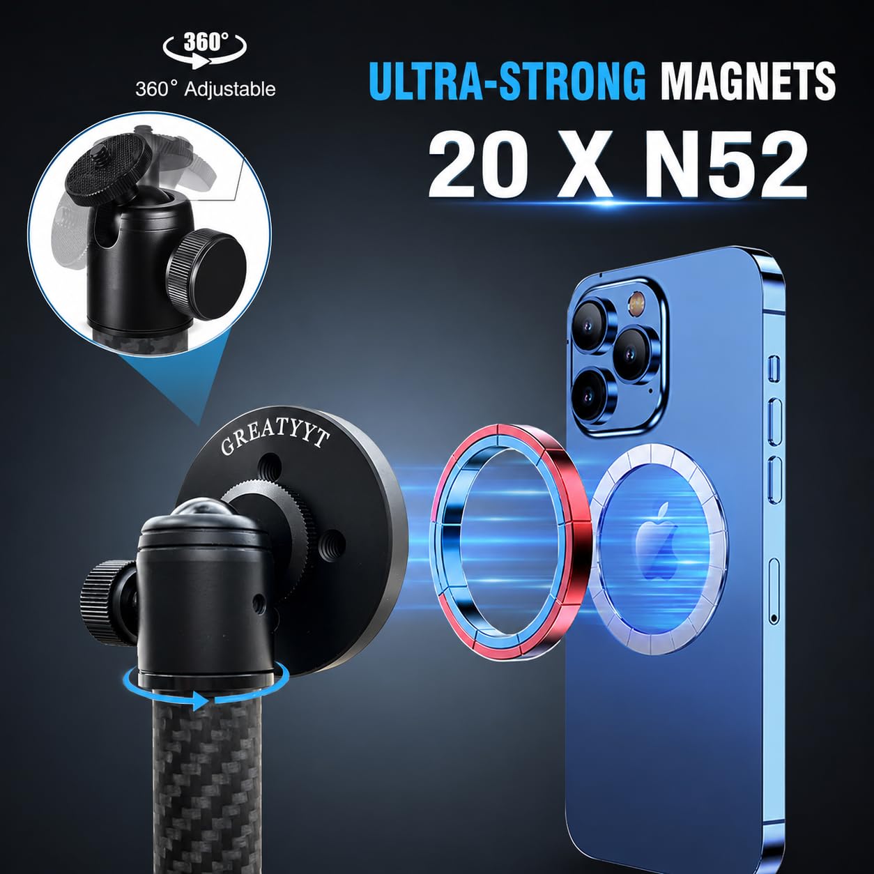 Carbon Fiber Monopod Golf Swing Recorder - Ultra Lightweight with MagSafe Magnetic Holder - Adjustable 32-55" Height - Ground Spike - Training Aid