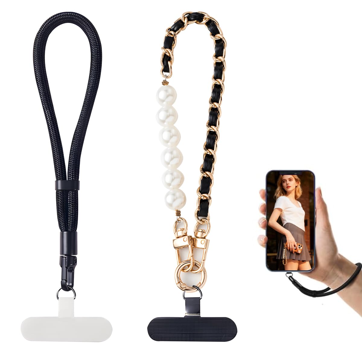nets Tribe 2-Pack Wrist Strap & Lanyard Set - Sporty/Chain Style Phone Wristlet with Upgraded Anti-Slip Pads|Adjustable Cell (Black)