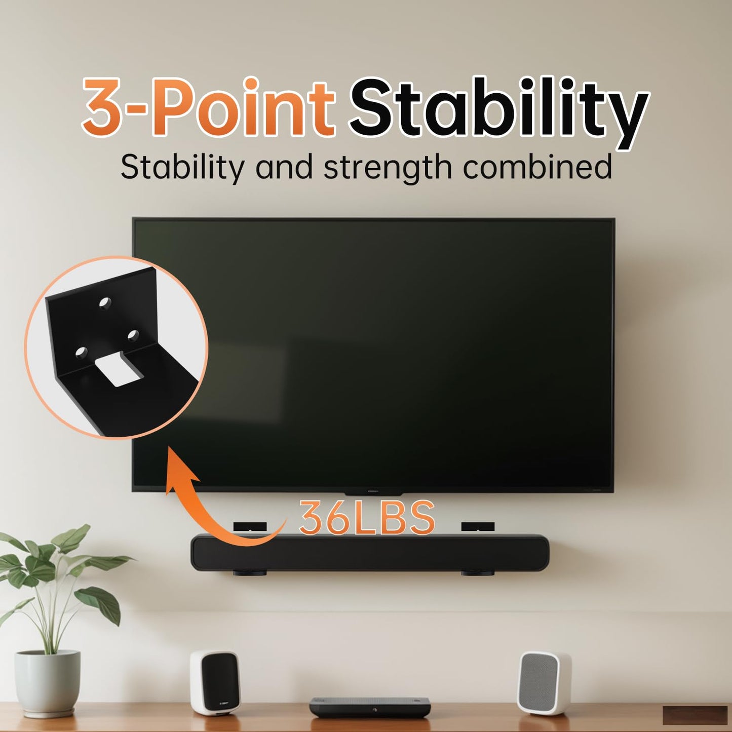 Haoyou Soundbar Wall Mount Bracket for Samsung, Sony, Bose, VIZIO, Sonos, LG, Roku, JBL and More Sound Bars Stabilized Mounting Under The TV Hold Up