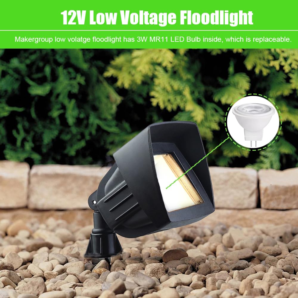 Makergroup LED Flood Light Outdoor Low Voltage12V, Replaceable 3W MR11 LED Bulb Warm White 2700K-3000K, Weatherproof for Garden Yard Landscape