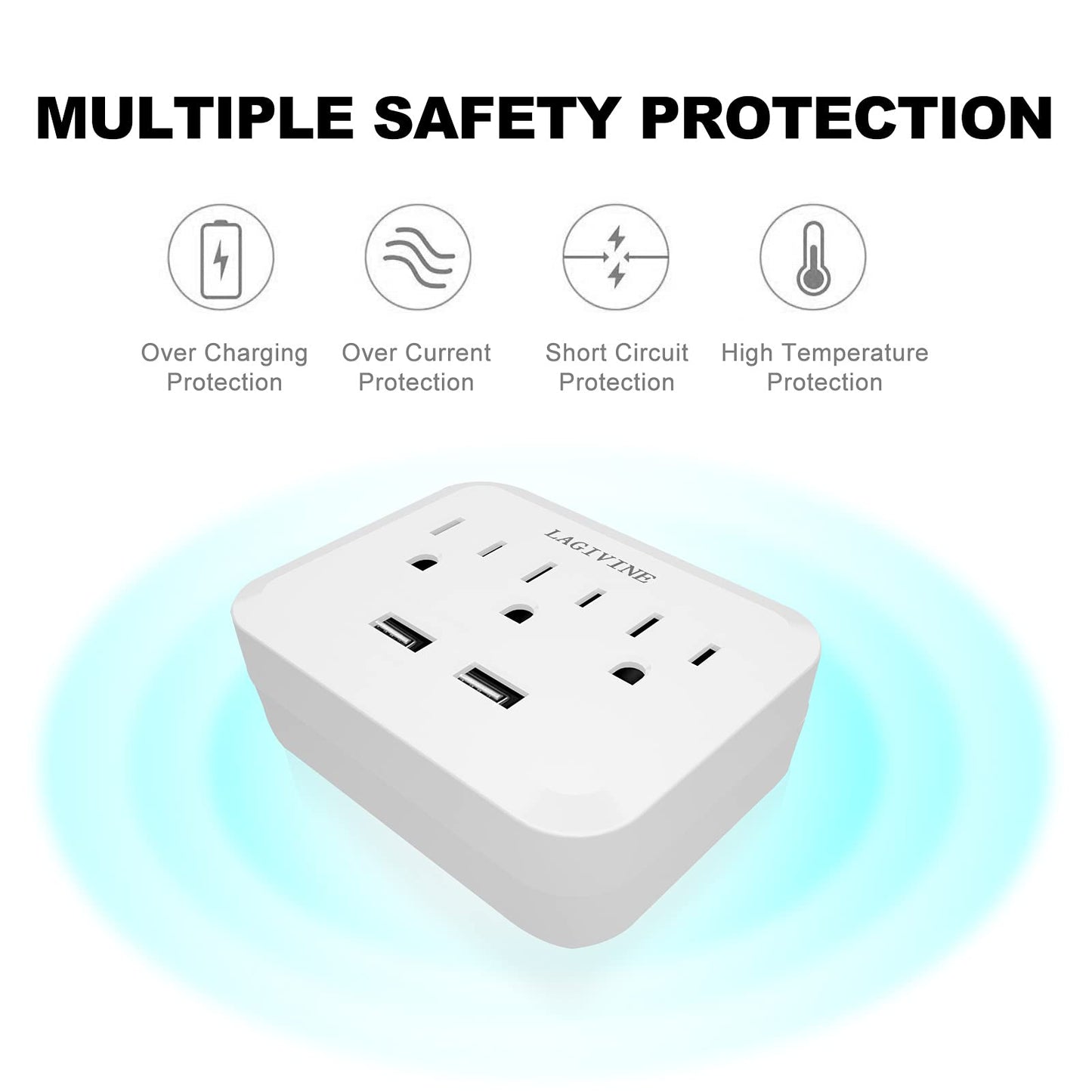 USB Wall Power Strip, 3 Outlet Extender with 2 USB Ports Outlet Adapter, Multi Plug Outlet Splitter for Travel, Home Office Accessories (White)