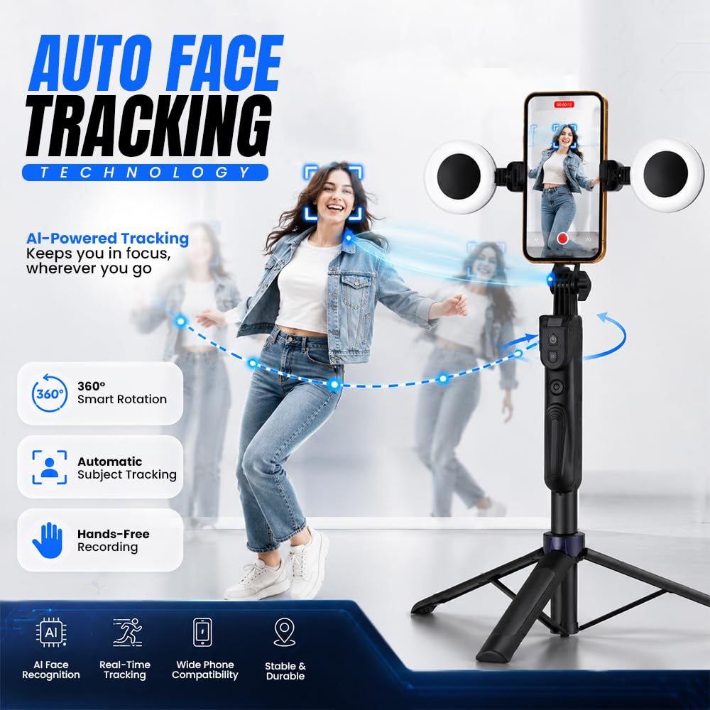 70" Auto Face Tracking Tripod for iPhone with Light, 360° Rotating Selfie Stick for Android with Remote & Gesture Control, Phone Holder Video