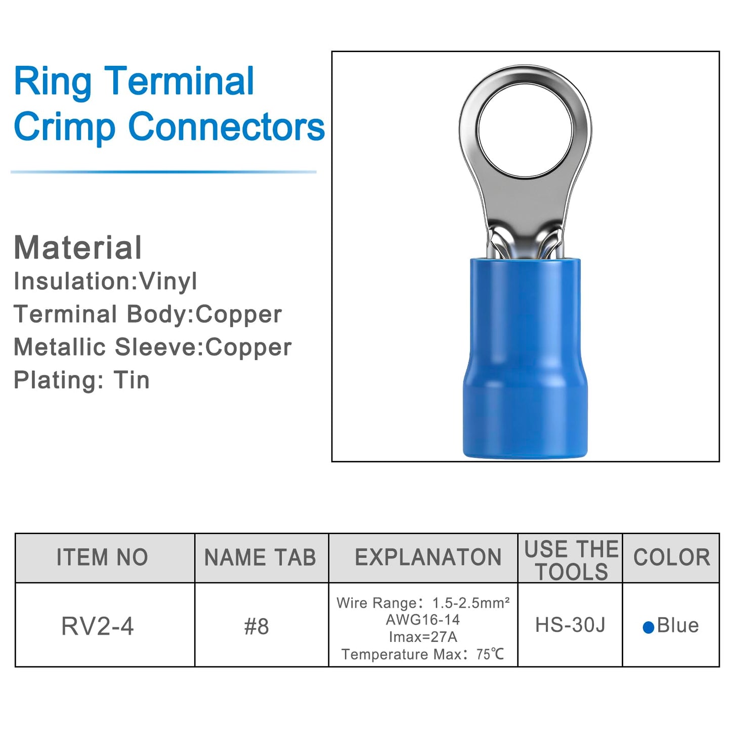 Heschen Ring Terminal Crimp Connectors Vinyl Insulated Wire Electrical Connector, RV2-4, Stud Size #8, for 1.5-2.5mm² (16-14 AWG), Blue, 100Pack