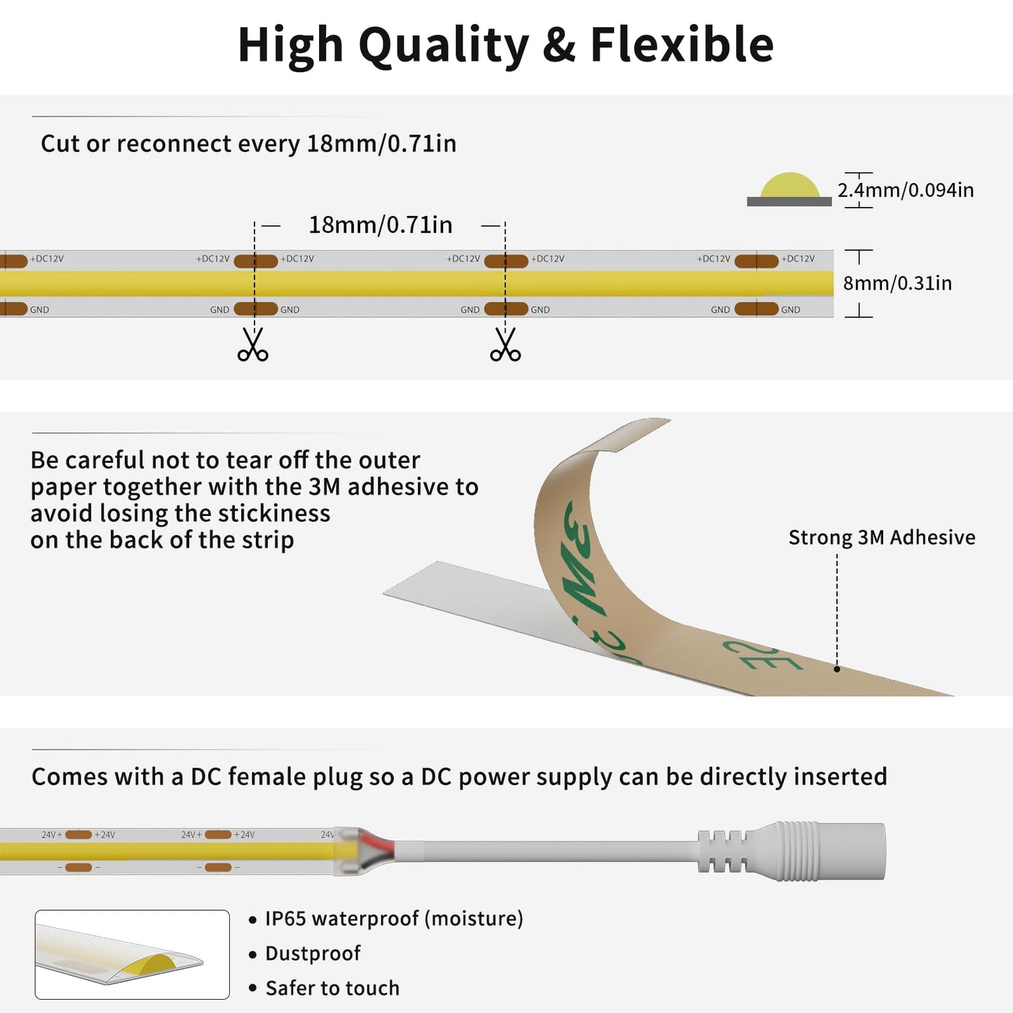 PAUTIX COB LED Strip Natural White 4000K IP65 DC12V,18Ft/5.5M 2772LEDs CRI90+ Flexible LED Tape Lights for Cabinet Engineering Home DIY Lighting