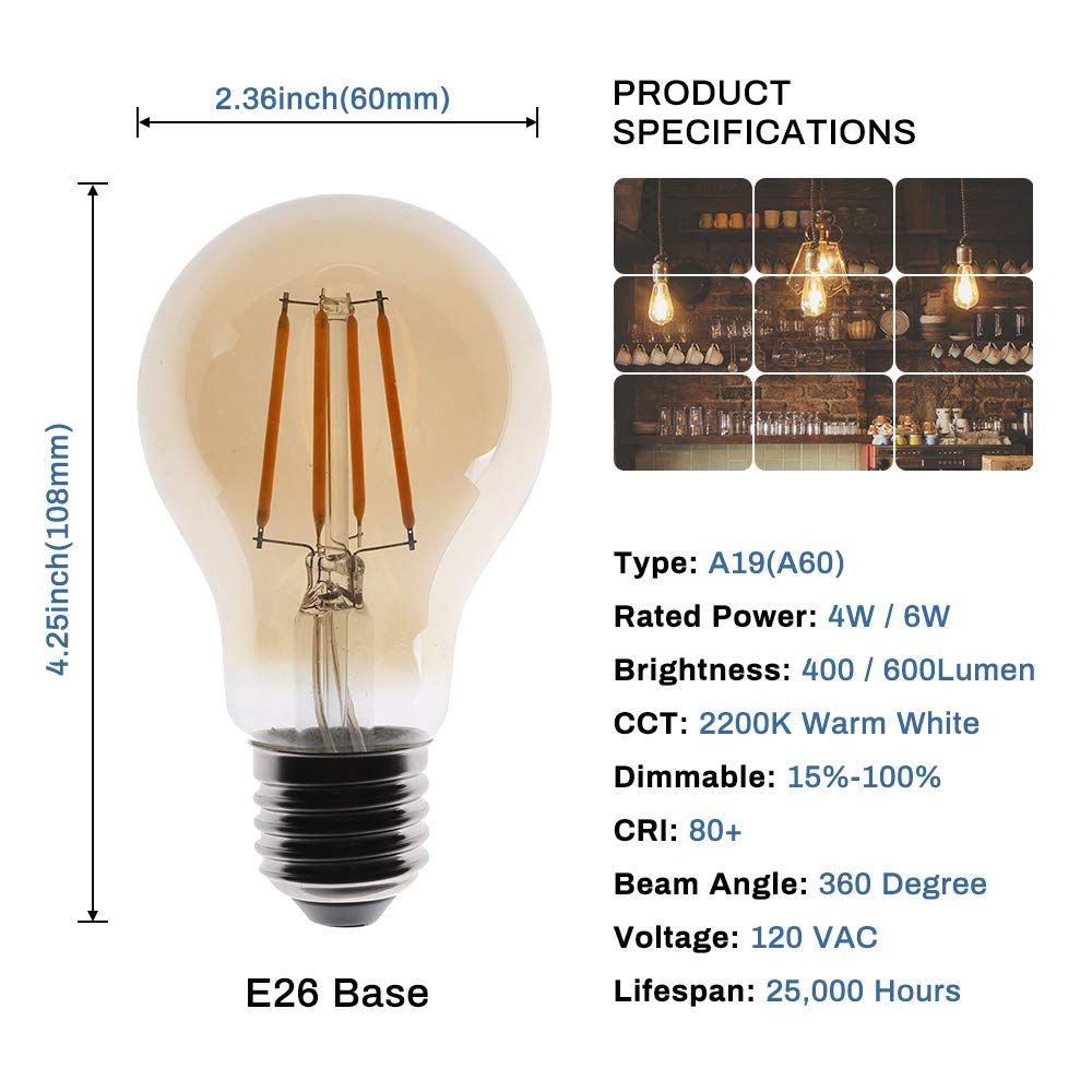 Vintage LED Edison Light Bulbs, A19 Edison Bulbs, 4W Equivalent to 40W, 2200K Warm White, Antique Dimmable LED Filament Bulb, Amber Light Bulbs, Old