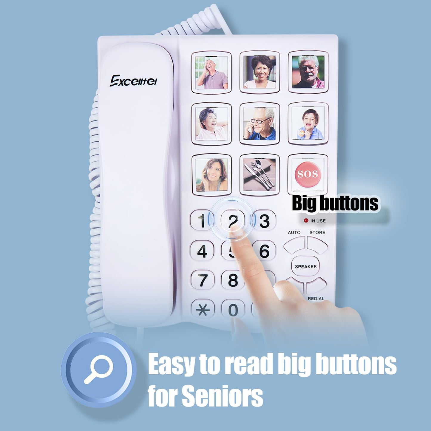 Excelltel Big Button Phone for Seniors, Corded Landline Telephone with Handsfree Function and 9 Groups of Memory, One-Touch Dialling,Suitable People