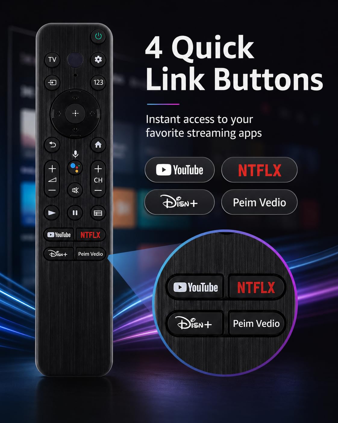 HSHONG Voice Remote for Sony Smart TVs, Replacement Control with 4 Quick Link Buttons, Compatible with All 2018-2025 Sony Bravia Google 4K UHD LED LCD