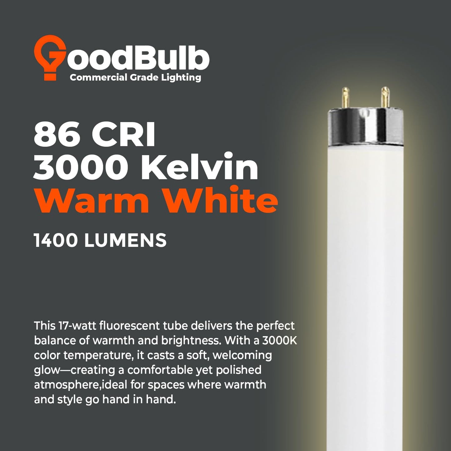 GoodBulb 17W 24 Inch T8 Fluorescent Light Bulb 3000K Warm White Medium Bi-Pin Base 1400 Lumens 86 CRI 36000 Life Hours Instant/Programmed Start 25
