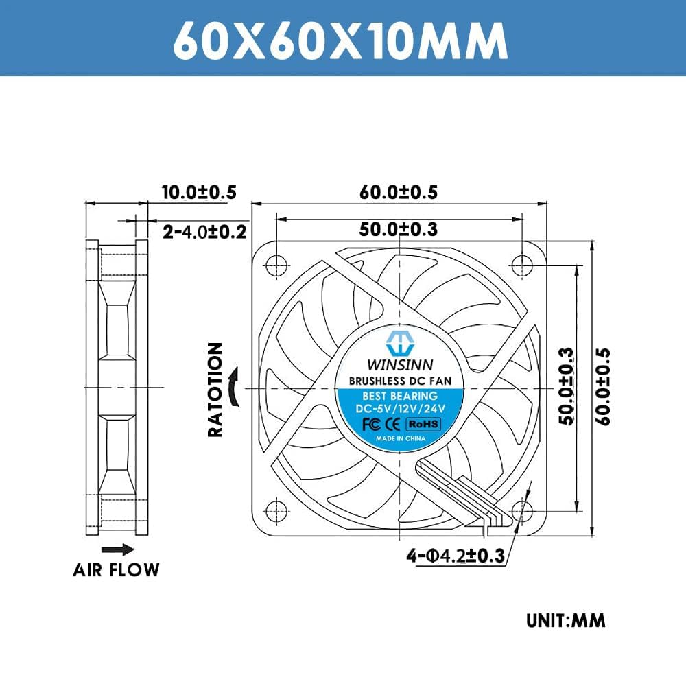 WINSINN 60mm RGB Fan 12V, LED Colorful Micro 24 Volt Fans 6010 Hydraulic Bearing, Brushless Cooling 60x10mm 2PIN, Works with 3D