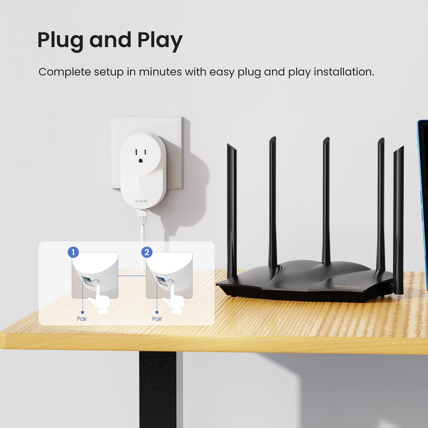 Tenda AV1000 Powerline Etherne Adapter Kit with Gigabit Ports, Ethernet Over Power, Plug&Play, Power Saving, Power Outlet Passthrough, Ideal