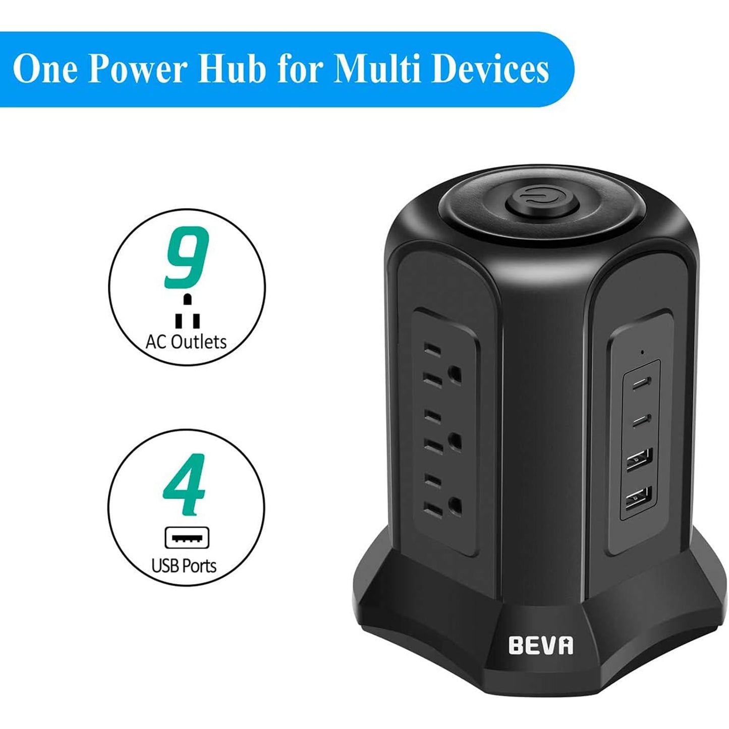 Power Strip Tower Surge Protector BEVA 10ft Flat Plug Desktop Charging Station 9 AC Outlets 4 USB Ports, 900 Joules, Long Extension Cord for Home