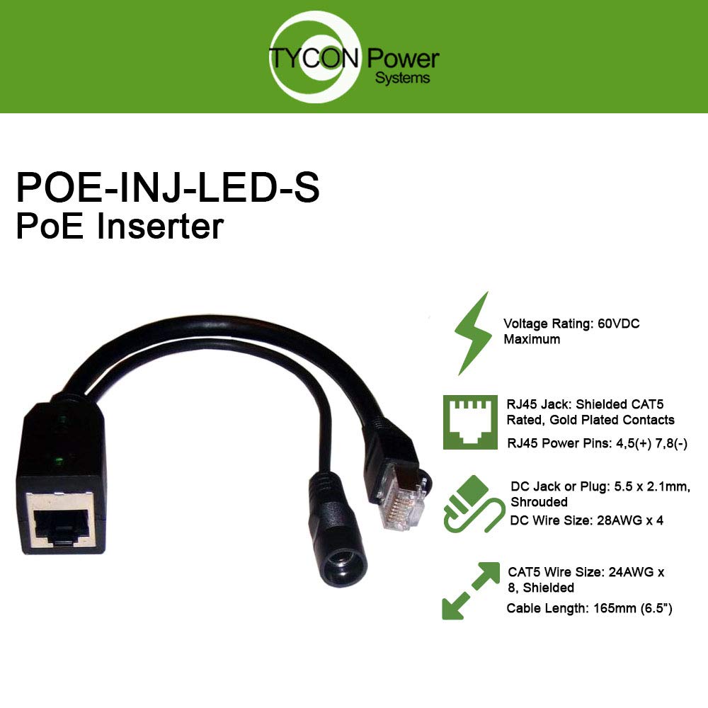 Tycon Systems POE-INJ-LED-S Passive POE Injector with Led Indicator Shielded - Black