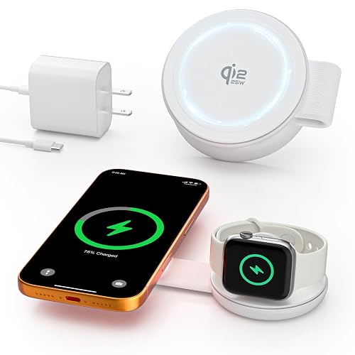 2 in 1 Magnetic Wireless Charger, Qi2 25W Fast Charging Travel Station Pad Compatible with MagSafe for iPhone Air/17/16/15/14/13/12, 5W for Apple