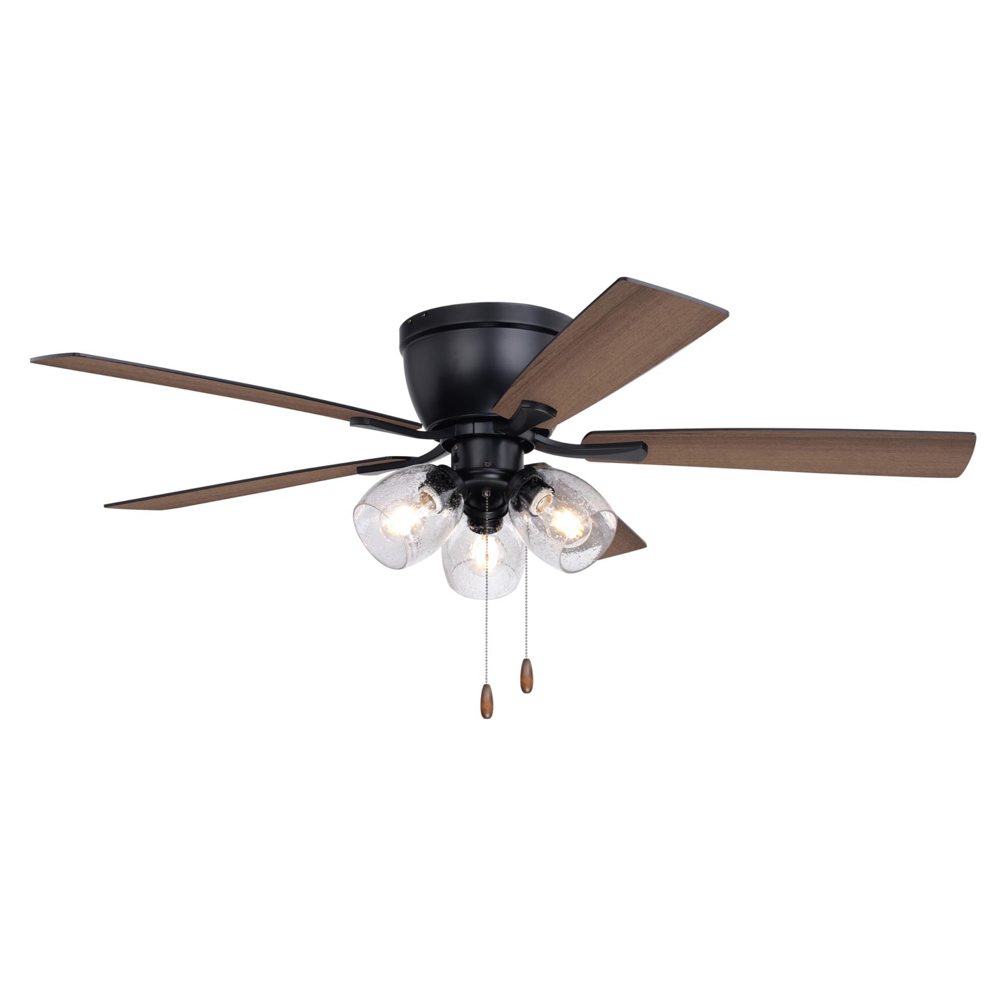 VAXCEL Brayton 52 in. Black Indoor Low Profile Flush Mount Transitional Ceiling Fan with Reversible Black-Dark Oak Blades, LED 3-Light Kit and Pull
