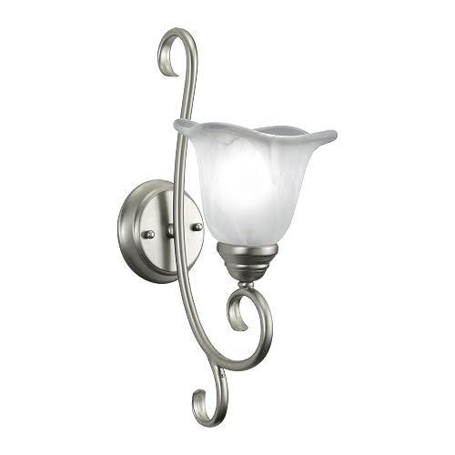 VAXCEL Bella 1-Light 7.25 inch Wide Brushed Nickel Transitional Bathroom Vanity Lighting Fixture, White Alabaster Scalloped Glass Shade, Dimmable, LED