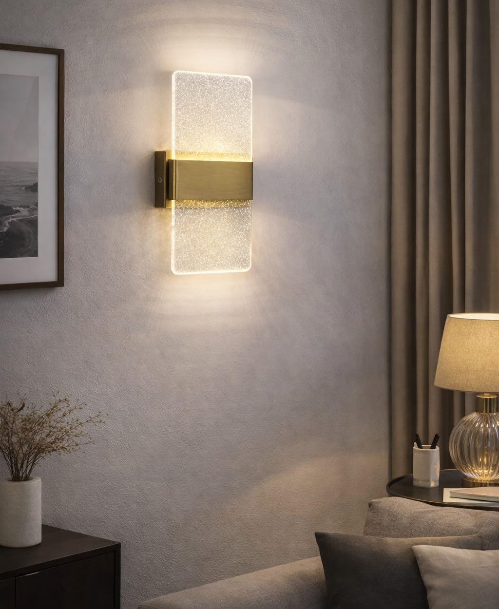 Jetima Modern LED Wall Sconce Set of 2, Gold & Crystal Acrylic Wall Light, Vertical Vanity Lighting Fixture, Waterproof Indoor Outdoor Wall Lamp