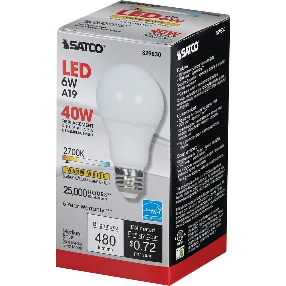 Satco 40W Equivalent Warm White A19 Medium Dimmable LED Light Bulb - 1 Each