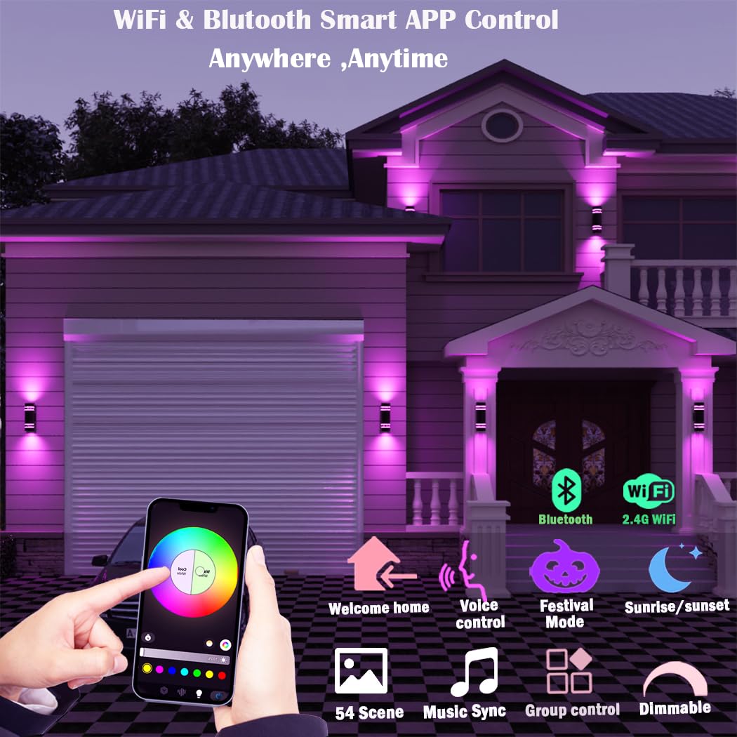 rosykite Smart Outdoor Wall Lights Color Changing 2 Pack, RGB+2700K-6500K Modern Exterior Lighting Fixtures Cylinder Outside Wall Sconce with Glass