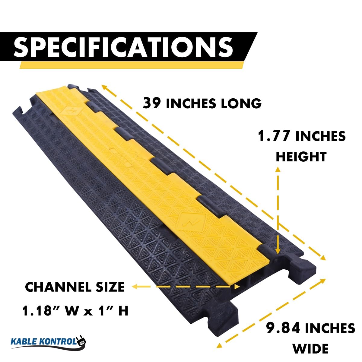 Kable Kontrol Atlas Cable Protector Wire Ramp - 2 Channel - 1 Pc - 39" Long Black & Yellow - 20,000 Lbs Load Capacity - Rubber Speed Bump Wire