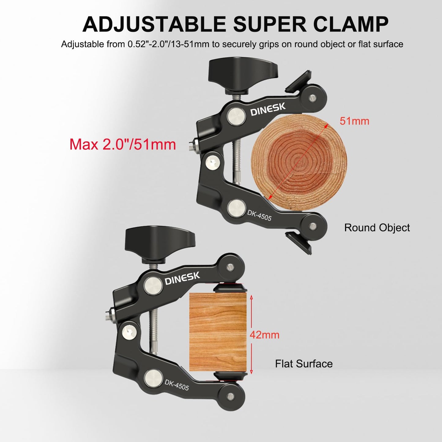 DINESK Super Clamp with Dual Ball Head Magic Arm, 1/4"-20 & 3/8"-16 Threads, Phone/Action Camera Mount Adapte for Desktop Tripod Canon Nikon DSLR