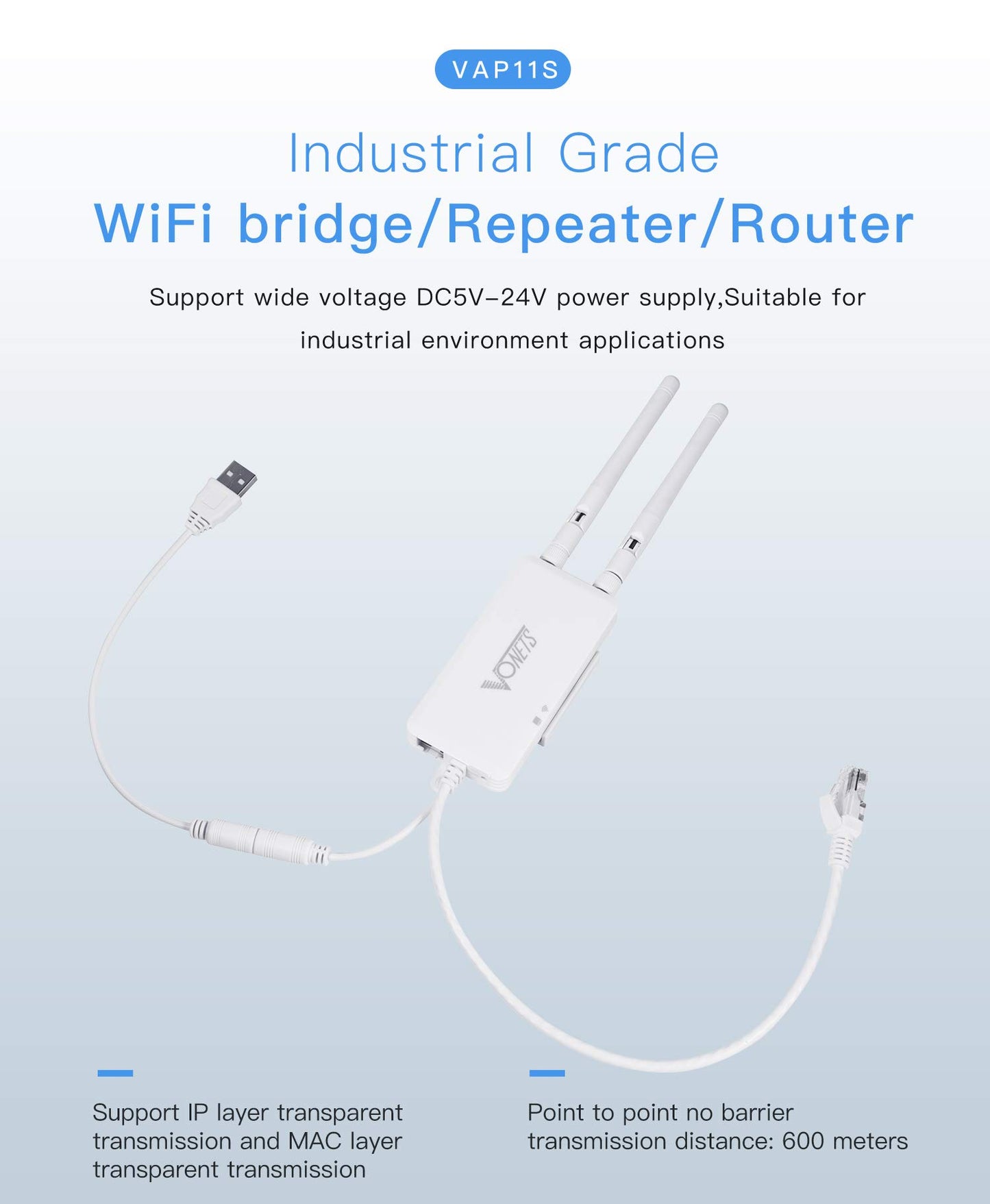 Vonets VAP11S Mini Repeater/Wireless Bridge Ethernet/WiFi Router 2.4GHz Industrial with 2 RJ45 Ethernet Ports and 2 External Antennas, Great Partner