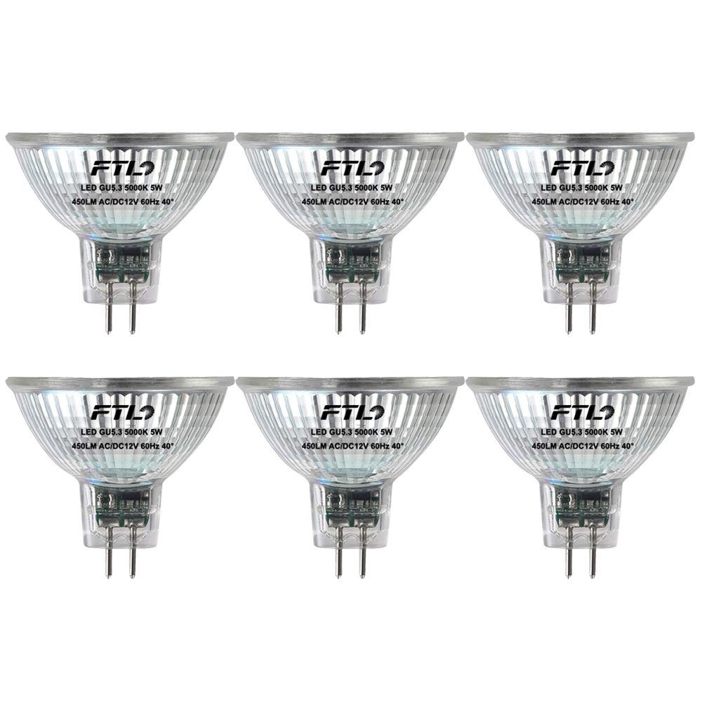 FTL MR16 LED Bulb Non Dimmable 5000K Daylight White Glass 5W AC/DC 12V 50W Halogen Equivalent 500lm GU5.3 Bipin Base 40 Degree Spotlight for Track