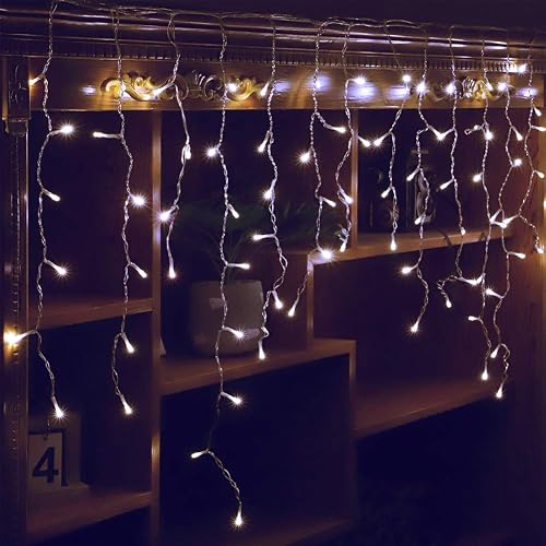 Qunlight Orangie 8 Modes LED Icicle Lights, 9.8 FT 96 LED Fairy String Lights Plug in Extendable Curtain Light String Christmas Lights for Bedroom