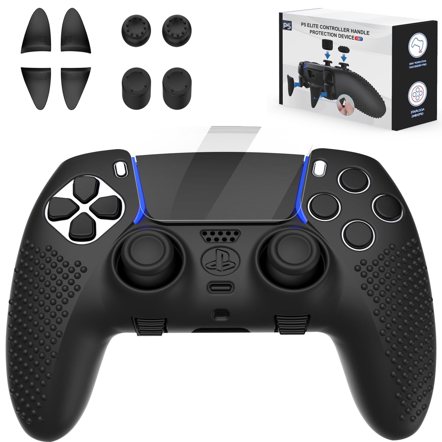 KOEBSHPE Anti-Slip Cover for PS5 DualSense Controller, Accessories Including Cover for DualSense Edge, Thumb Caps, Triggers Extenders, and Touchpad