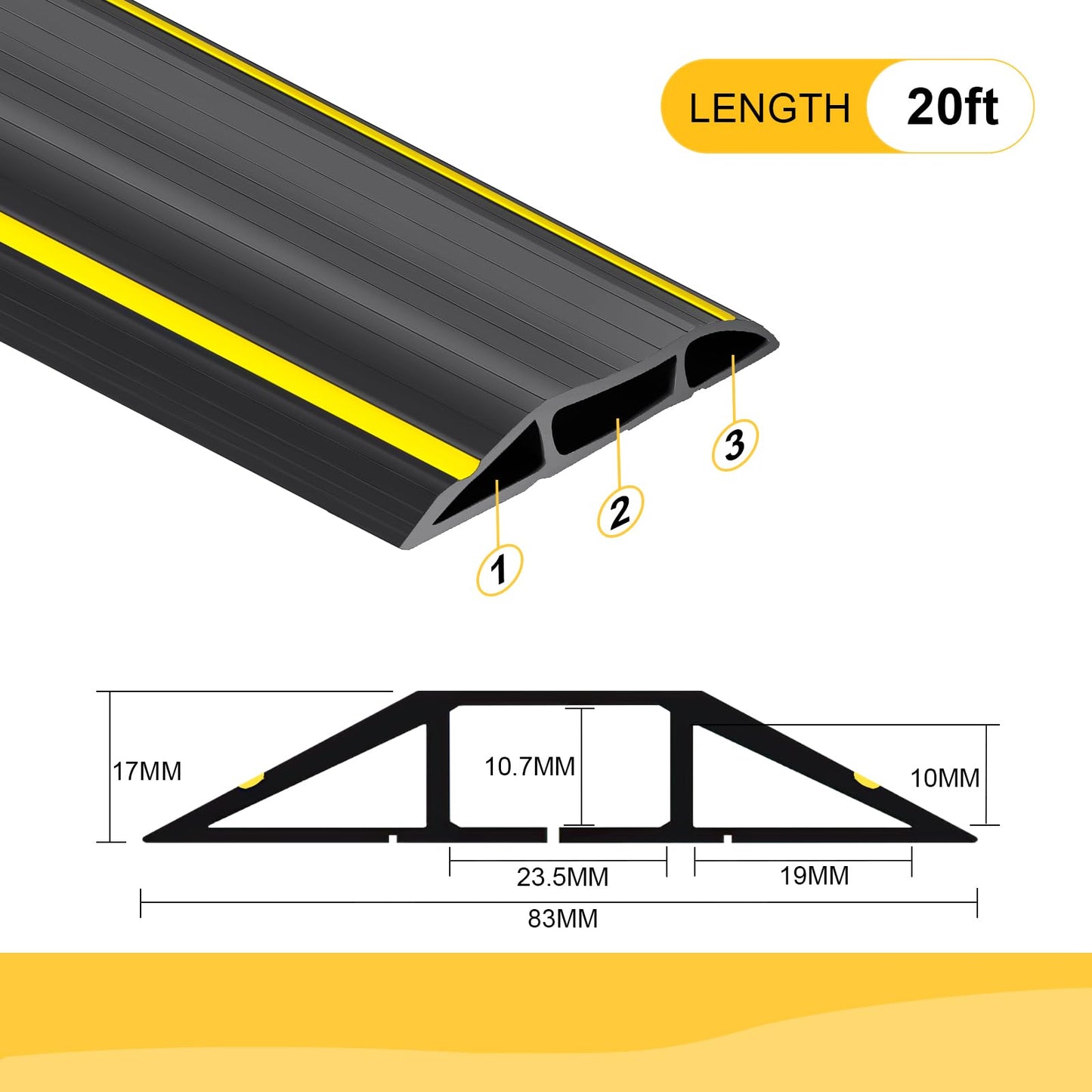 20 Ft Heavy Duty Floor Cord Cover Cable Protector, 3 Channels Protect Cords and Prevent a Trip Hazard- Conceal Wires at Home, Office, Warehouse