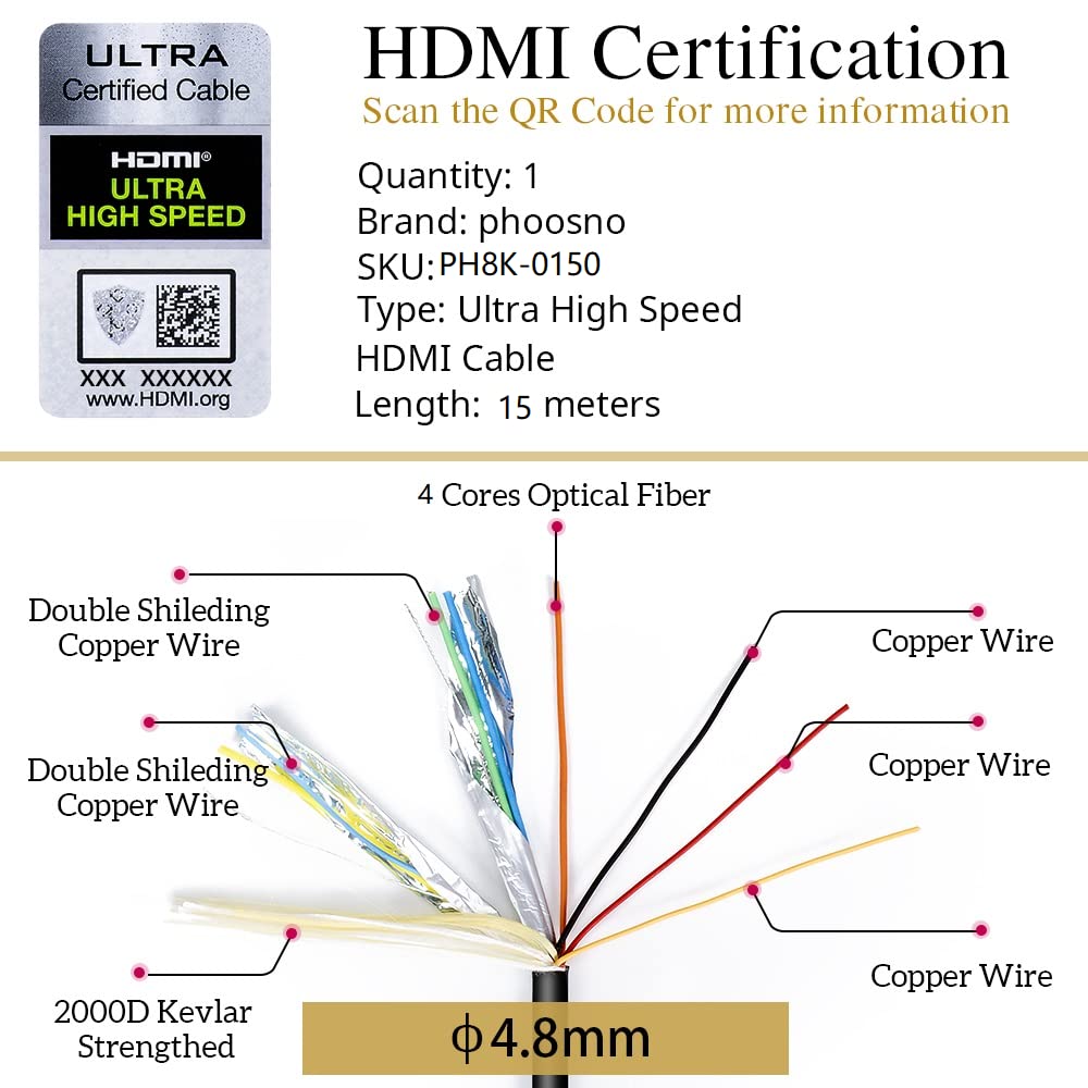 phoossno 10K 8K Fiber Optic HDMI Cable 50FT,Certified High Speed Long HDMI 2.1 Cable 48Gbps 8K60Hz eARC Dolby Vision Atmos HDR10,Compatible with PS4