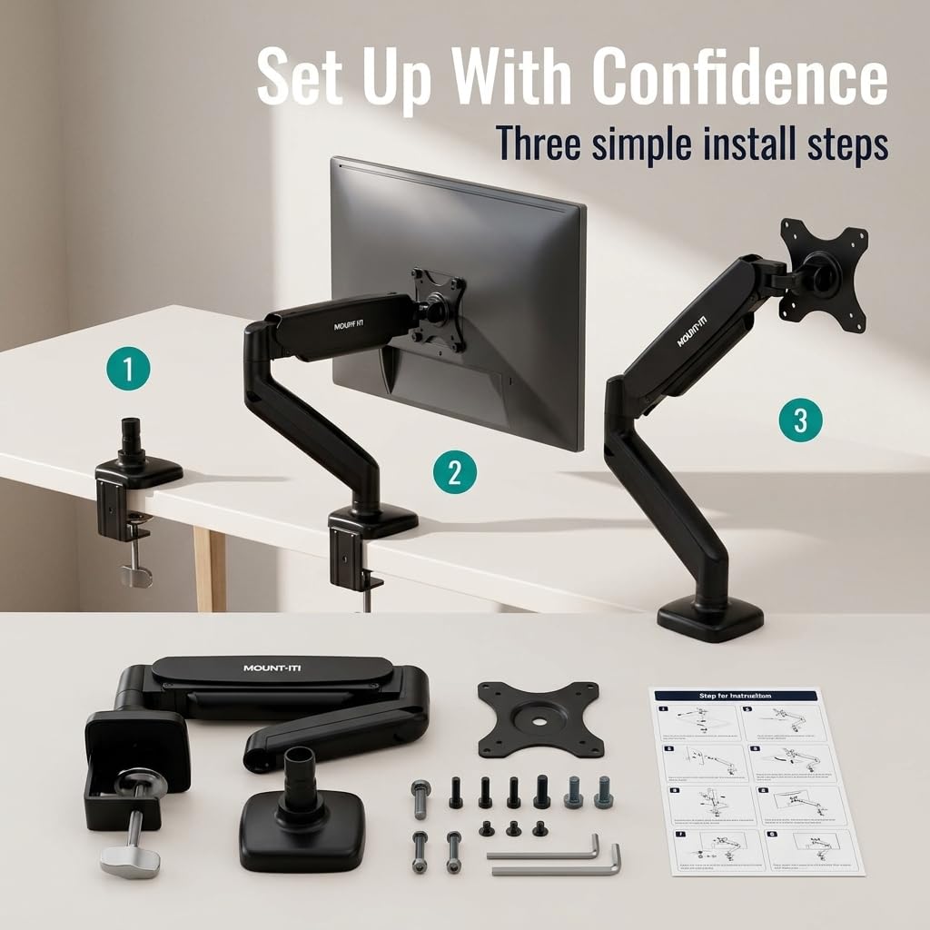 Mount-It! Single Monitor Arm Desk Mount, Gas Spring Monitor Mount, Fits 13-32" Screens up to 17.6 lbs, VESA 75x75 & 100x100, Full Motion Tilt Swivel