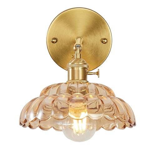 YJQHXY Industrial Style Amber Glass Wall Lights Bedside Lamp with Brass Socket Compatible with E26/E27 Bulbs 110V/120V Hardwired Wall Sconce
