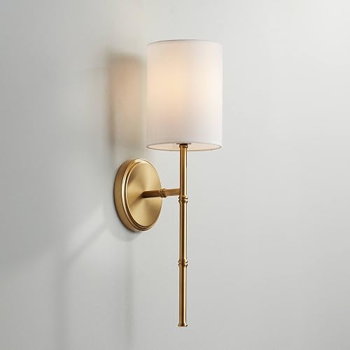 Regency Hill Abigale Modern Luxury Wall Lamp Brass Gold Metal Hardwired 5" Wide Fixture White Fabric Cylinder Shade for Bedroom Bathroom Vanity