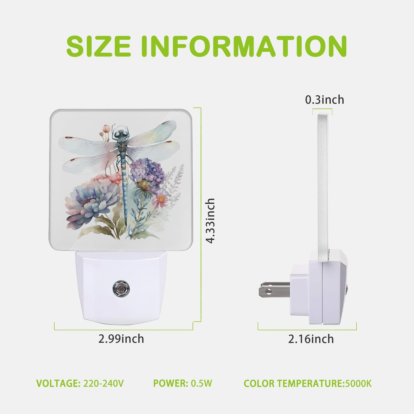 Floral Night Light,Dragonfly Watercolor Plug into Wall Nightlights with Dusk to Dawn Light Sensors for Bedroom, Bathroom, Hallway, Kitchen, Night
