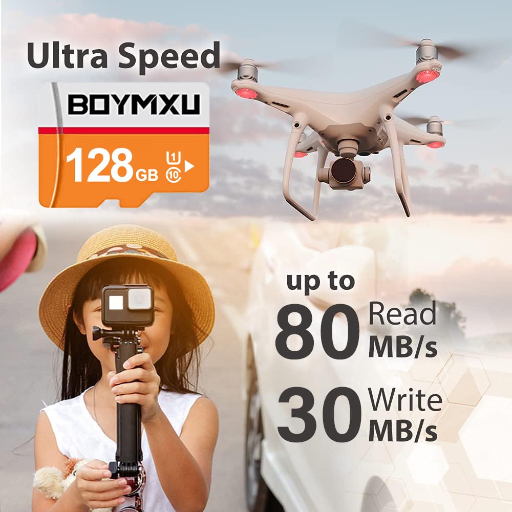 128GB BOYMXU TF Card with Adapter,High Speed Memory Card Class 10 TF Card Memory Card for Phone Camera Computer-Orange