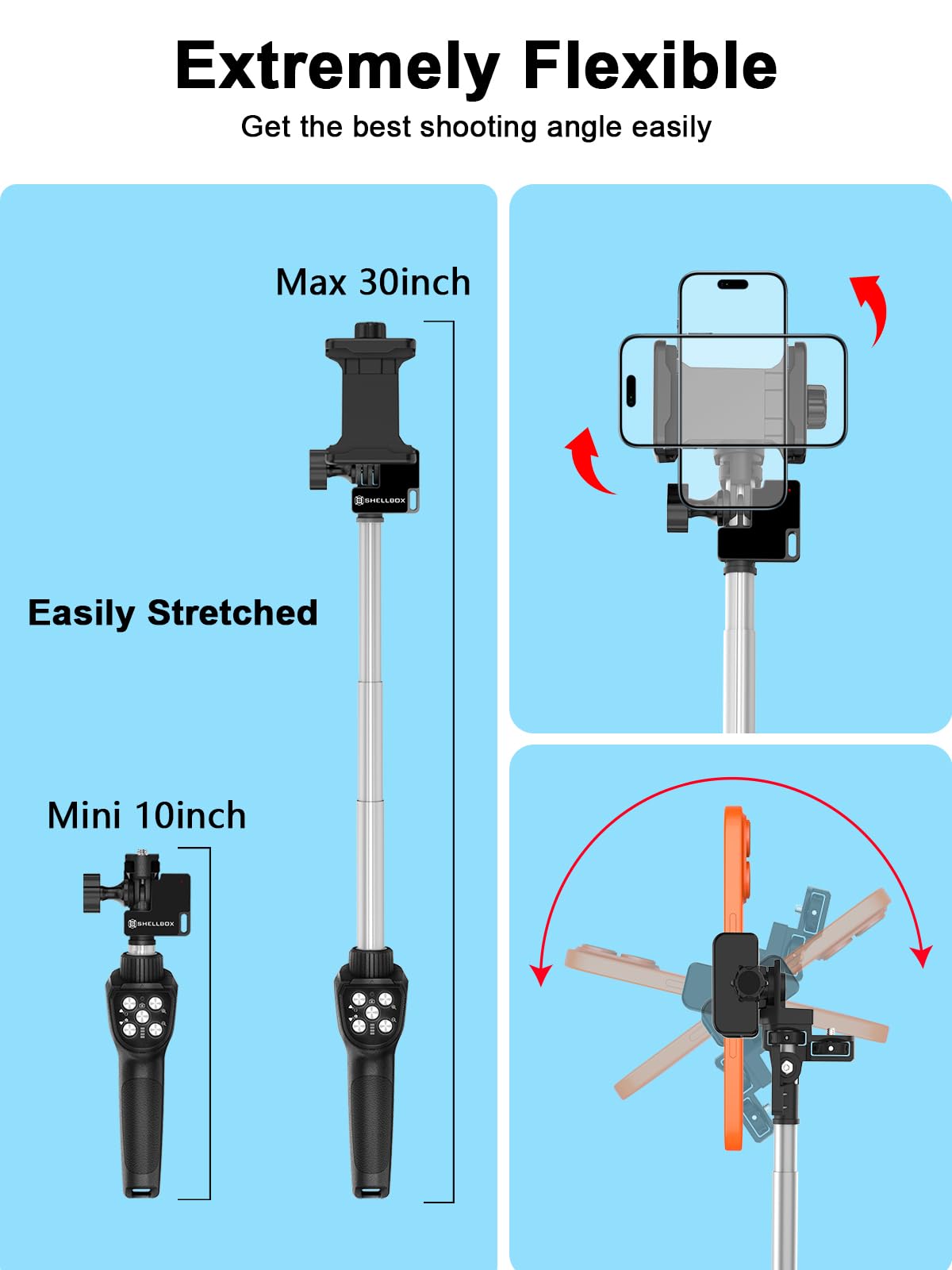 3-in-1 Diving Kit: 50FT Waterproof Phone Case + Underwater Bluetooth Selfie Stick + Phone Clip, 10-30" Extendable Pole for iPhone 17 Air/16, Samsung