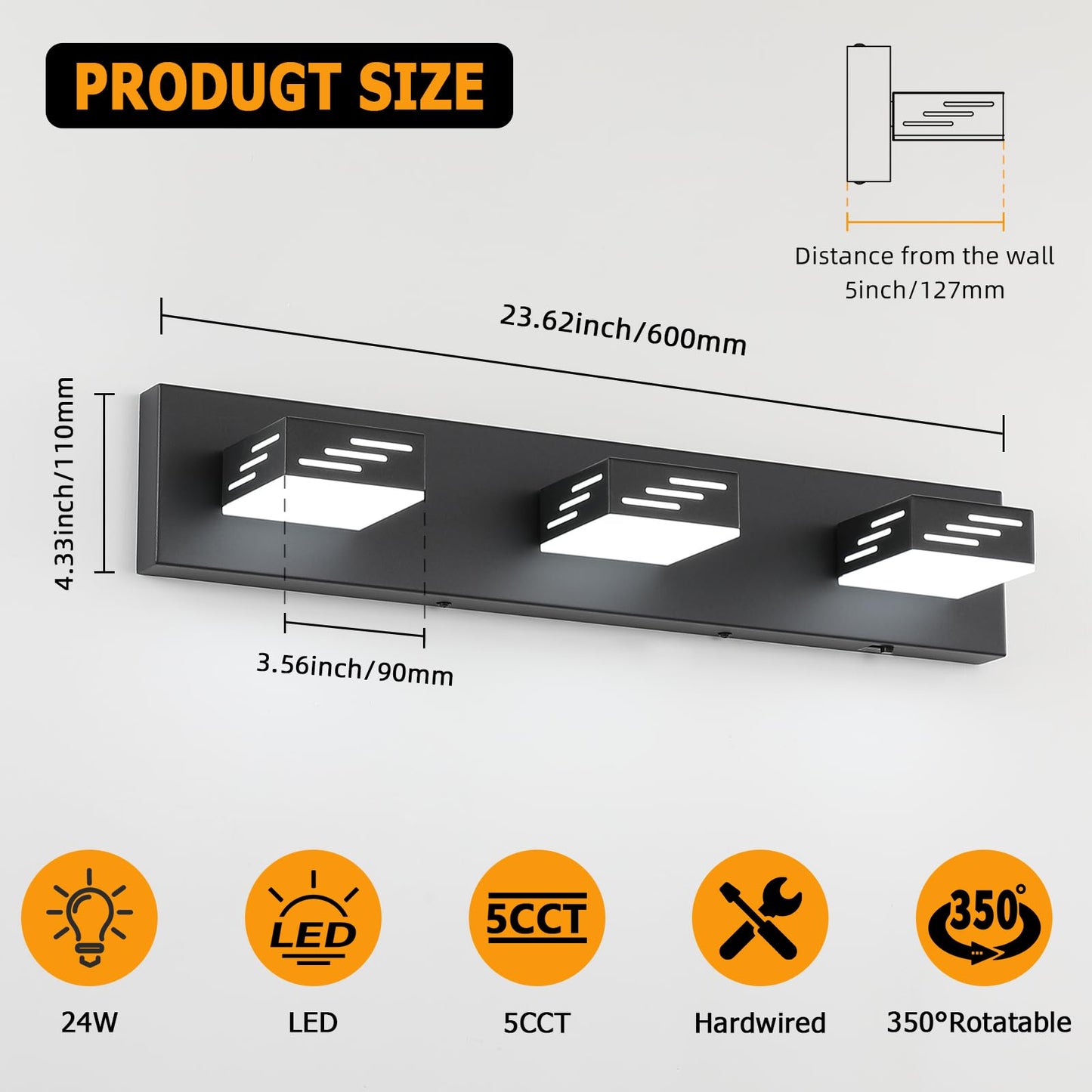 Joosenhouse 3-Light Black Bathroom Vanity Light, 5CCT Dimmable Bathroom Lighting fixtures, LED Vanity Lights Above Mirror 23.6 Inch 24W Makeup Mirror