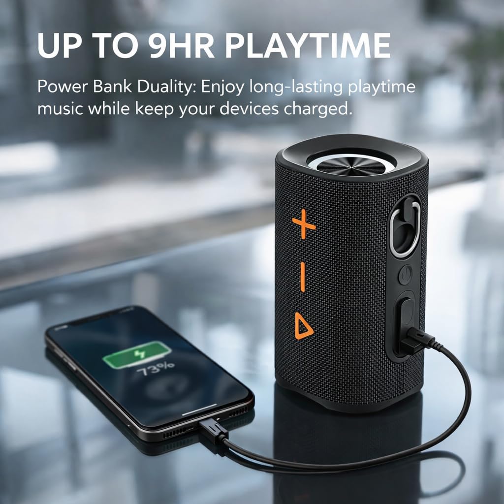 iphoenix IX119 Portable Bluetooth Speaker, Stereo Sound & Deep Bass, IPX6 Waterproof, Dynamic RGB Lights, Bluetooth 5 Wireless Pairing, 9H Playtime
