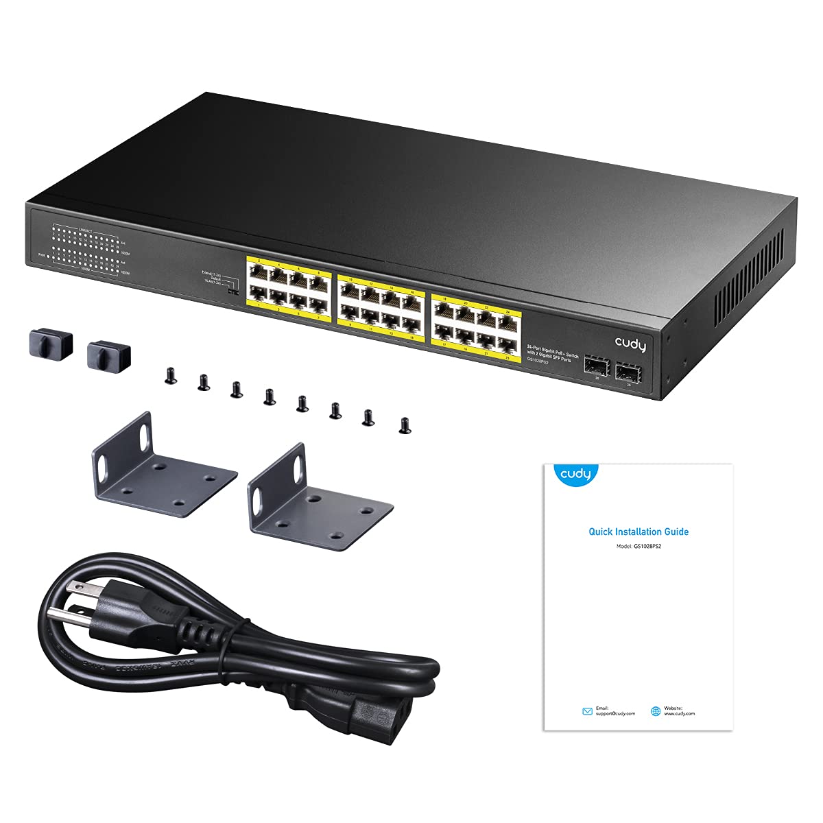 Cudy 24 Gigabit Ethernet Unmanaged PoE+ Switch, 300W, 24 * 100/1000Mbps PoE+ Ports, 2 Gigabit SFP, CCTV / VLAN Mode, 19-inch Rackmount, 802.3af/at