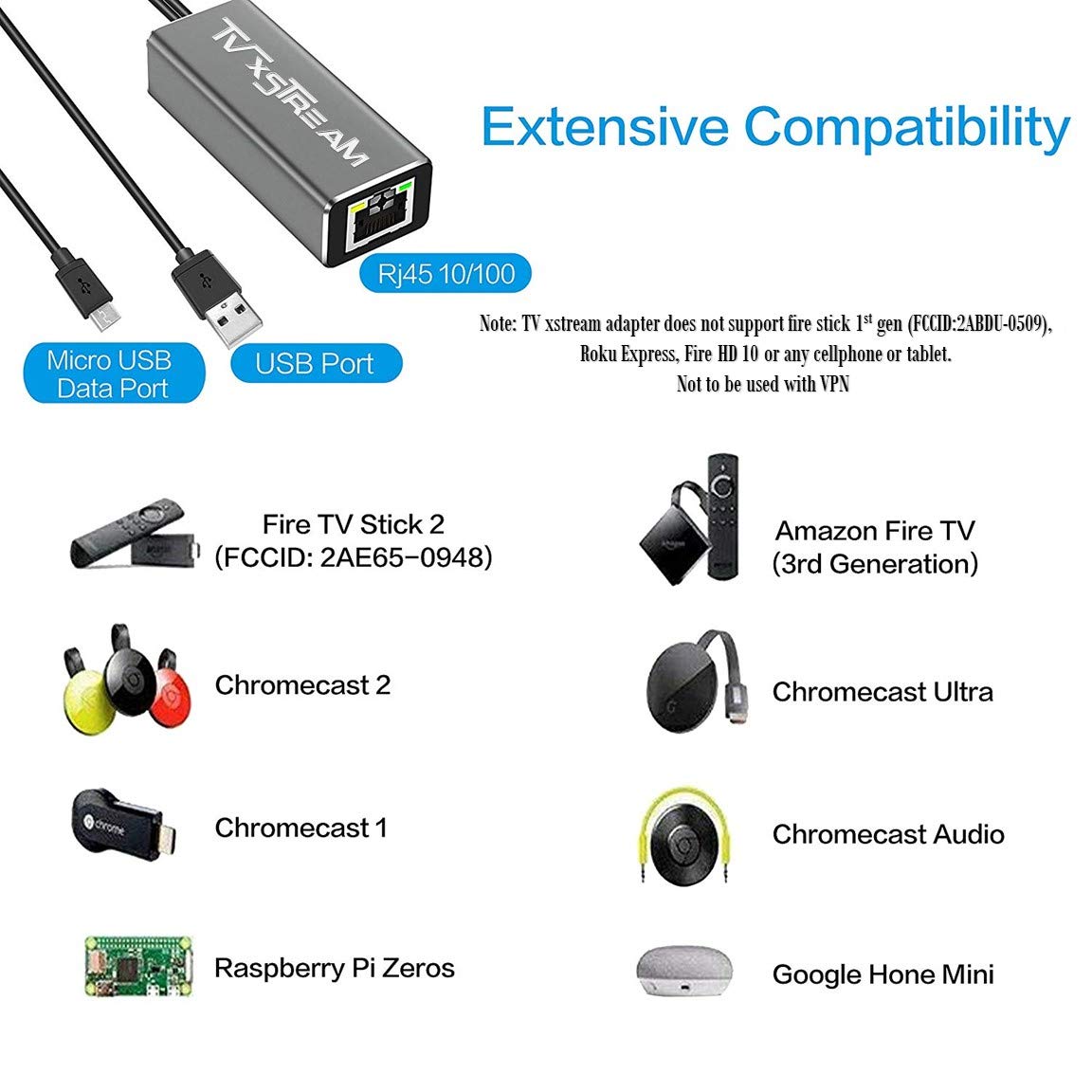 USB Ethernet Adapter (Silver) for Fire TV Stick Lite/4K/4k Max Firestick or Chromecast with Micro not Type C connection, USB to RJ45 Ethernet, 3ft