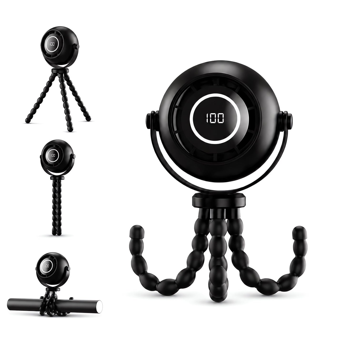 Monsefi Portable Fan with Flexible Tripod, 4000mAh USB Rechargeable Mini Desk Fan with LED Display, 3 Speeds, 3 Light Modes, Clip On Quiet Small Fan